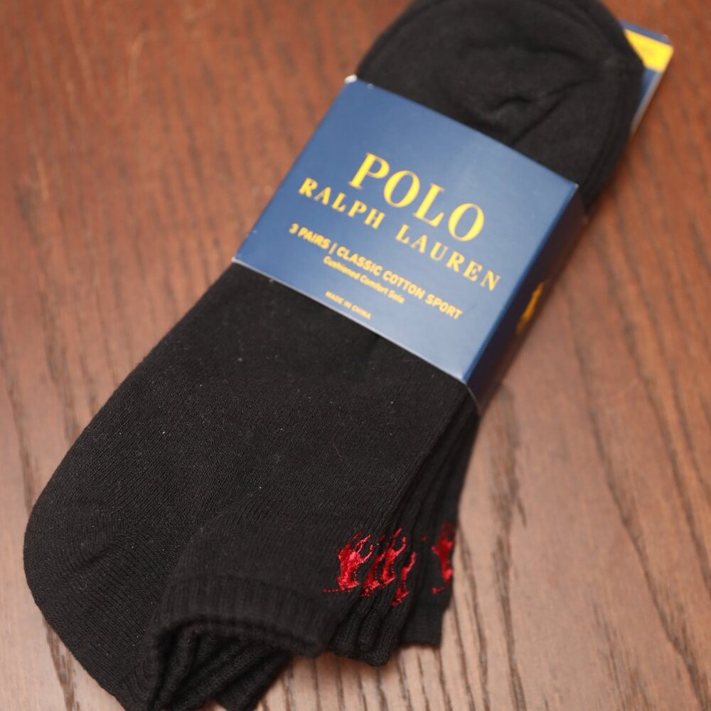 Polo Ralph Lauren Ankle Socks Black Red Logo - 3 pack Size XL